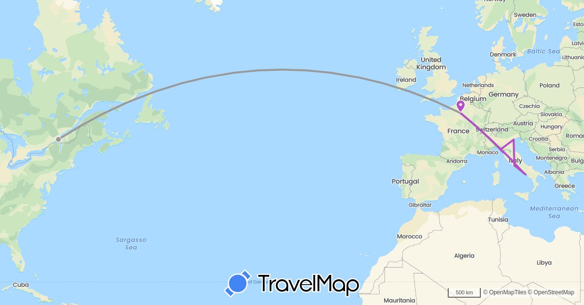 TravelMap itinerary: driving, plane, train in Canada, France, Italy (Europe, North America)